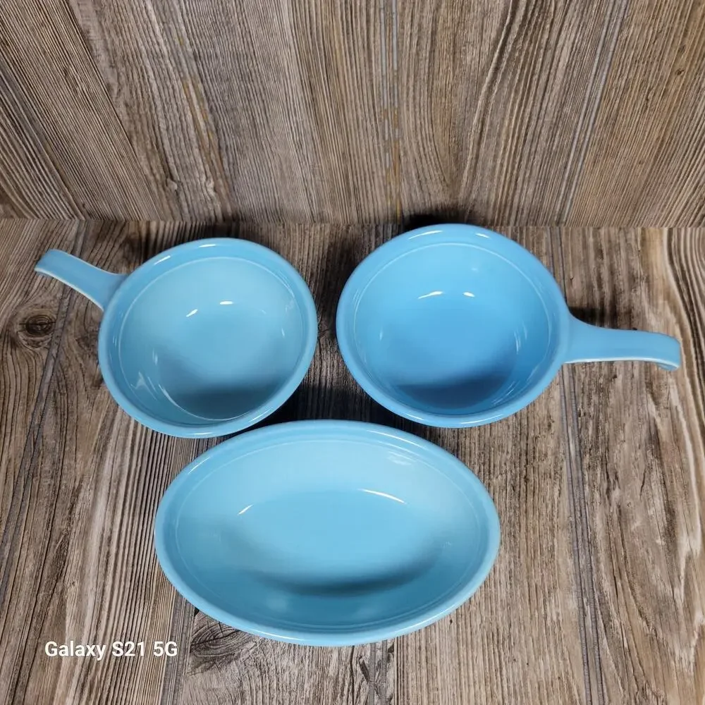 Vintage TST Turquoise Blue Oven Serve Oval Bowl & 2 Handled French Casseroles